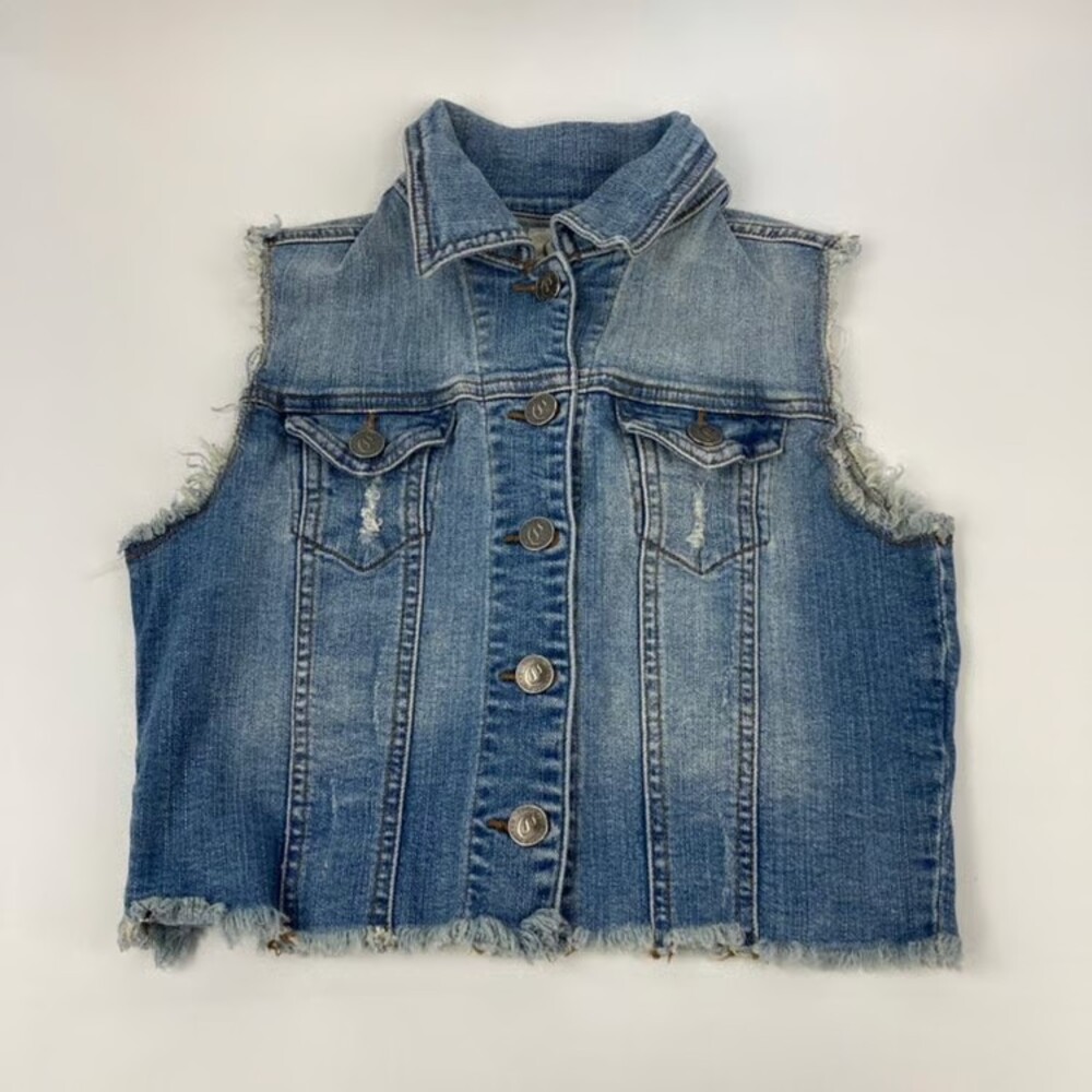 Girls S Denim Vest 6/7 or 7/8 Cello Denimwear Sleeveless Raw Edge Button Up
